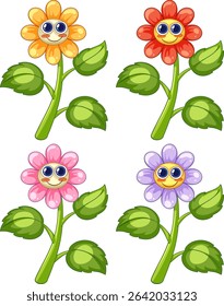 Colorful vector illustration of four smiling flowers with vibrant petals and expressive eyes, set against a white background