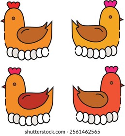 colorful vector illustration of four stylized hens sitting on eggs. The design is simple and vibrant, suitable for farm-related, educational, or playful themes .