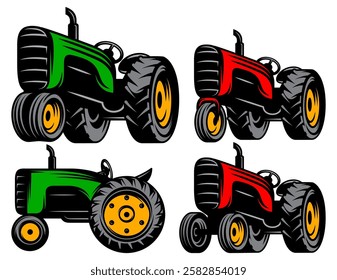 Colorful vector illustration of four tractors in green and red with large wheels and detailed design for agricultural use.