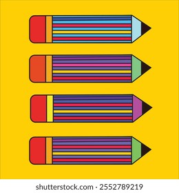 Ilustración vectorial colorida de cuatro lápices de rayas vibrantes sobre un fondo amarillo, perfecto para proyectos de diseño creativos, educativos o artísticos. Diseño moderno y juguetón