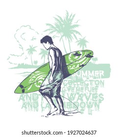 Colorful vector illustration in free and stylized strokes of surfer and tropical landscape in the background. Art for prints on T-shirts, posters, decoration and etc ...