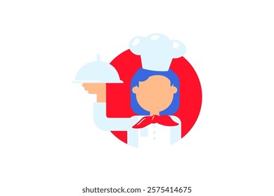 Colorful vector illustration of a French chef in a cap with a dish in a flat cartoon style. A head cook with a tray is delivering some culinary masterpiece. Enjoy your meal! Traditional French cuisine