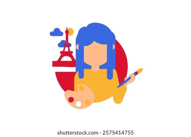 Colorful vector illustration of a french person paints with a brush an image of a landscape with the Eiffel Tower in a flat cartoon style. Spirit of French art. French art festivals, creativity and se