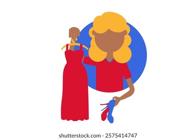 Colorful vector illustration of a french woman holding shoes and a hanger with a crimson dress in a flat cartoon style. The classic and timeless style of French fashion. Glamour, shopping, and haute c