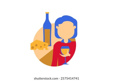 Colorful vector illustration of a frenchman enjoys white wine and cheese in a flat cartoon style. Exquisite wine culture, tastings. A visitor enjoys variety of vintages at a wine festival and french c