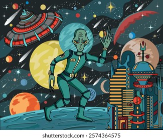 Colorful vector illustration with friendly alien, retro futuristic city, UFO and objects against space background with planets and stars, science fiction concept