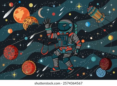 Ilustração vetorial colorida com astronauta amigável em traje espacial retro contra o universo espacial retro futuro com planetas e estrelas, conceito de ficção científica