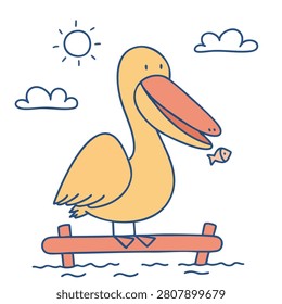 A colorful vector illustration of a friendly pelican perched on a wooden beam holding a fish in its beak