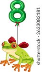 Colorful vector illustration of a frog holding a green balloon shaped like the number eight, featuring vibrant colors and playful design
