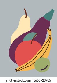 Colorful vector illustration with fruits and vegetables. Healthy, vegan, vegetarian food. Banana, apple, pear, eggplant. Card, Poster.