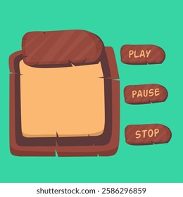 A colorful vector illustration of a game user interface (UI) with wooden-style buttons labeled "Play," "Pause," and "Stop." This asset is perfect for 2D game design, mobile games, and interactive