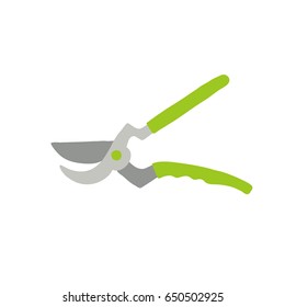 Colorful vector illustration of garden pruners with green plastic handles. Isolated on white background.
