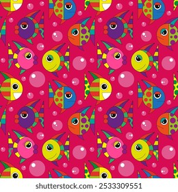 Colorful vector illustration. Geometric abstract with various face expressions fish on bright background. Seamless pattern.