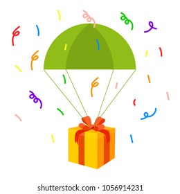 Colorful Vector Illustration. Gift on Parachute. Coming from the sky. 