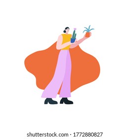 Colorful vector illustration with a girl. Abstract shape on the background. Young lady holding plants. Owner or worker of plant shop. Small business. 