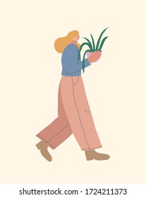 Colorful vector illustration of a girl with blonde hair, holding plant in purple pot. Plant lady. Depiction of young woman. 