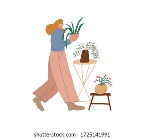 Colorful vector illustration of a girl with blonde hair, holding plant in purple pot. Plant lady. Depiction of young woman. Different houseplants. 