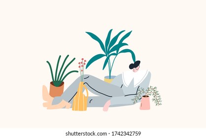 Colorful vector illustration with a girl. Depiction of young woman lying on the floor surrounded by different flowers and plants. Houseplants.