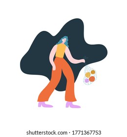 Colorful vector illustration with a girl. Depiction of lady with fruits in reusable bag. Woman walking out of the shop. Shopping. Abstract shape on the background.