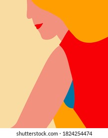 Colorful vector illustration with a girl. Depiction of woman with yellow hair. For cards, posters, stationery.