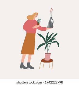 Colorful vector illustration of a girl with houseplants. Depiction of green potted plants and flowers. Plant lady. Decorative element for cards, posters, stationery. 