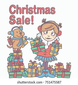 Colorful vector illustration with girl and little dog holding gift boxes, Christmas Sale inscription above them.