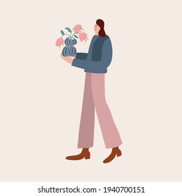 Colorful vector illustration of a girl with pink flowers. Depiction of plants in vase. Plant lady. Decorative element for cards, posters, stationery.