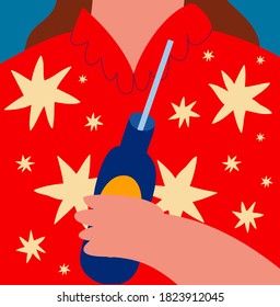 Colorful vector illustration with a girl in red shirt with stars. Lady holding bottle of lemonade. For cards, posters, stationery.