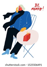 Colorful vector illustration with a girl sitting on a chair with red gift box. Be Merry! lettering. Christmas and New year celebration. Winter holidays related image.