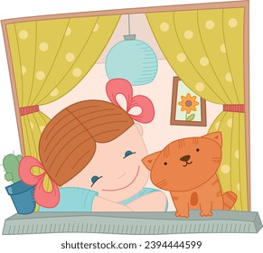 Colorful vector illustration of a girl, who looks out of the window with her cat.