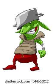 Colorful vector illustration of goblin or troll warrior with self made armor with a pot instead of helm.