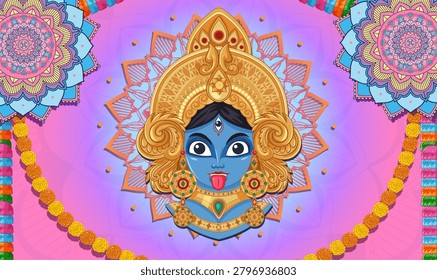 A colorful vector illustration of Goddess Kali with golden jewelry, mandalas, and marigold flower garlands.