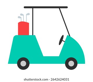 Ilustração vetorial colorida de carrinho de golfe com paus. Imagem de clipart isolada no plano de fundo.