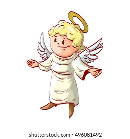 Colorful vector illustration of a good angel with welcoming and caring gesture with his hands