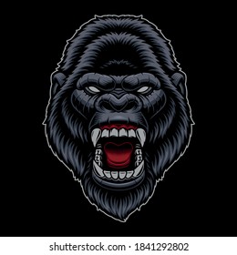 Una colorida ilustración vectorial de una cabeza gorila, aislada en un fondo oscuro.