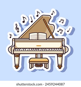A colorful vector illustration of a grand piano with musical notes, on a blue background, depicting the concept of music. Vector illustration