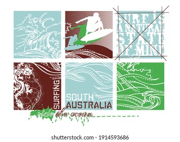 Colorful vector illustration of graphic elements related to surfing. Art with surfer silhouette, stylized waves. Drawing for print on t-shirts, posters and etc ...