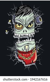 Colorful vector illustration of graphic representation of broken skateboard with monster face in cartoon style. Stripped art for print on t-shirts, posters and etc ...