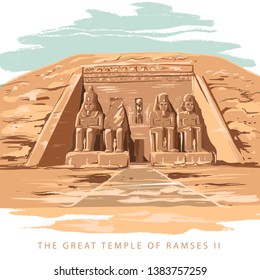 Colorful vector illustration the great temple of Ramses 2 hand drawn in white background. The Great Temple at Abu Simbel, Egypt.