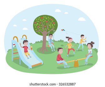 Colorful vector illustration of group of cute happy kids play on playground