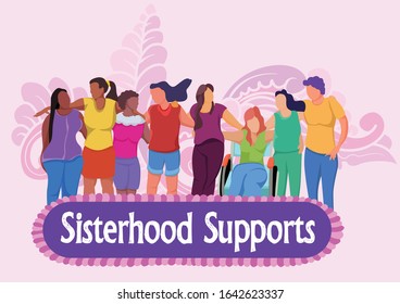 Colorful vector illustration, Group of female friends. Flat cartoon characters isolated on light purple background. Female diverse faces of different ethnicity and ability. International Women´s Day