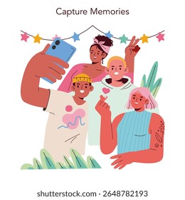 Ilustração vetorial colorida de um grupo de amigos tirando uma selfie. Os personagens exibem expressões alegres, desfrutando de um momento divertido juntos. Estrelas decorativas penduradas no fundo.