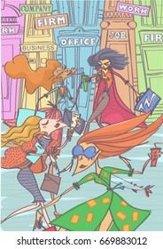 Colorful vector illustration with group of stylish women walking on business street.