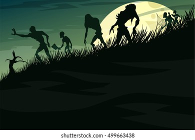 Colorful vector illustration of group of zombie silhouettes wallking down the hill in the mist on a full moon