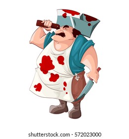 Colorful vector illustration of a grumpy cartoon butcher holding a huge hatchet and a knife, wearing bloody clothes