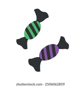 A colorful vector illustration of Halloween candies and sweets, perfect for spooky and festive holiday designs. Flat cartoon style image, fun and playful spirit of trick or treat for party invitation