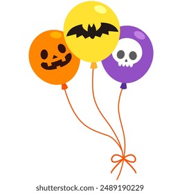 Colorful vector illustration of Halloween-themed balloons featuring a pumpkin, bat, and skull design. Perfect for festive decorations, invitations, websites, and party projects.