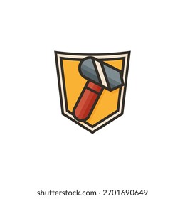 Ilustración vectorial colorida de un ícono de herramienta de martillo dentro de una forma de insignia. Estilo de dibujos animados planos modernos con contornos limpios y una paleta de colores cálidos: perfecto para juegos móviles, App, insignias, logros, IU