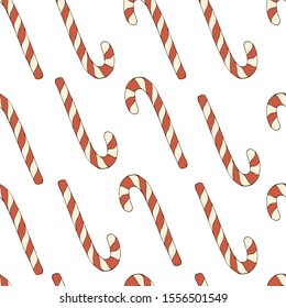 Colorful vector illustration. Hand drawn seamless pattern with red striped Christmas candy cane isolated on white background. Positive print for New Year design. Endless texture for winter holidays