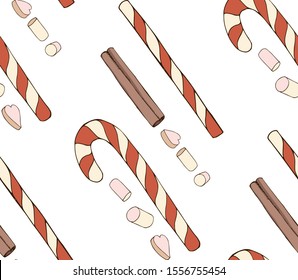 Colorful vector illustration. Hand drawn seamless pattern with Christmas candy cane marshmallow and cinnamon isolated on white. Positive print for New Year design. Endless texture for winter holidays